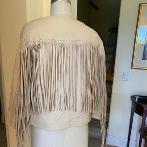 Zara fringes leather jacket, cream color western fringes short leather jacket